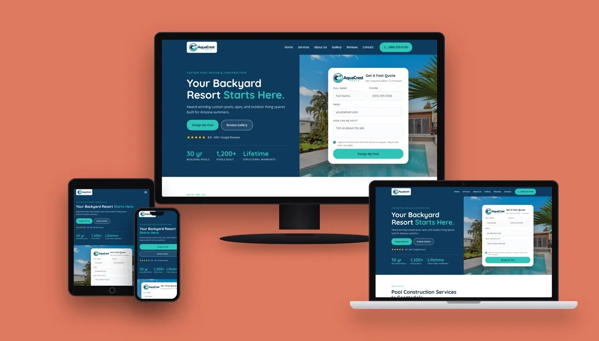AquaCrest Pools website shown on desktop, laptop, tablet, and phone