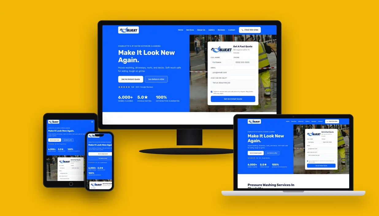 BlueJet Pressure Washing website shown on desktop, laptop, tablet, and phone