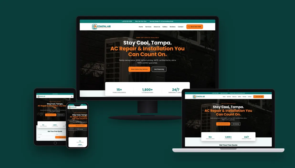 Coastal Air Heating & Cooling website shown on desktop, laptop, tablet, and phone