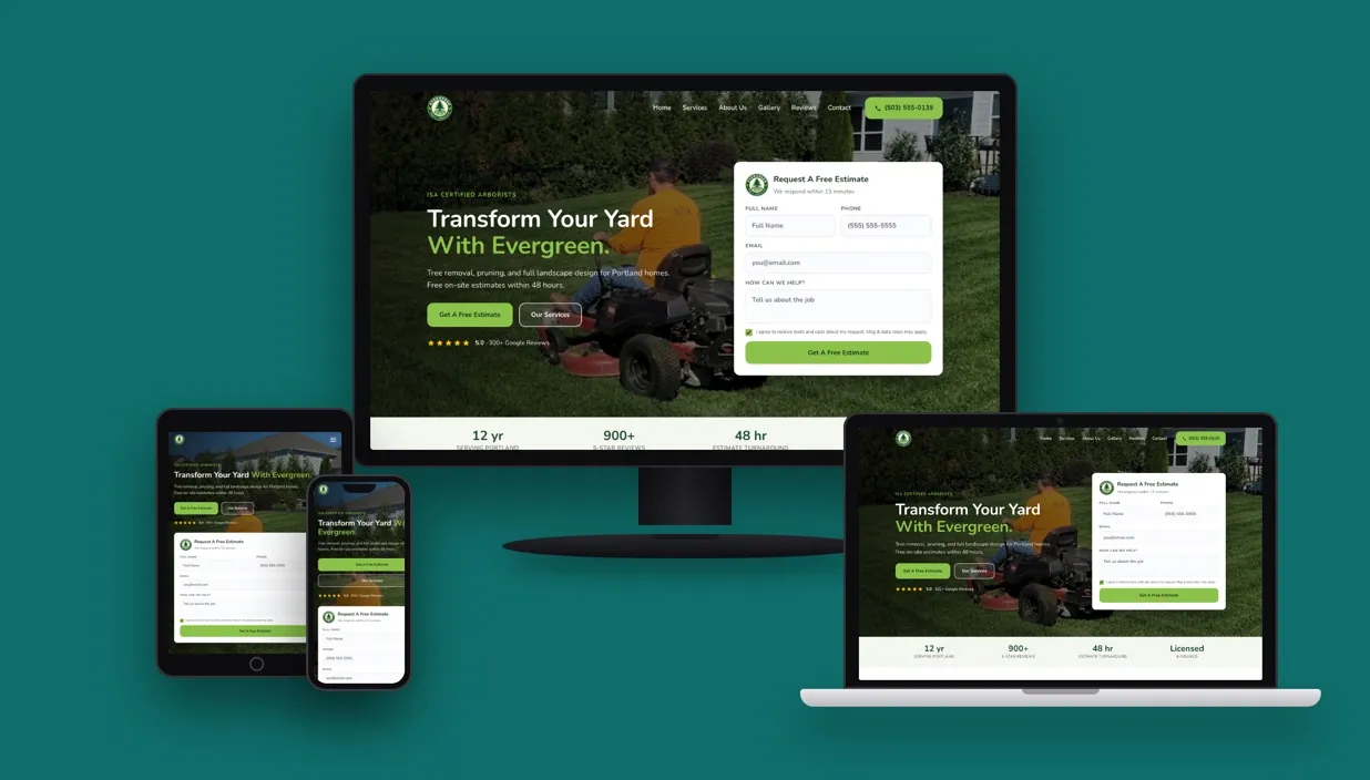 Evergreen Tree & Landscape website shown on desktop, laptop, tablet, and phone