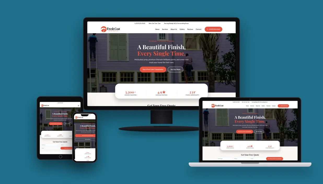Fresh Coat Painting Co. website shown on desktop, laptop, tablet, and phone