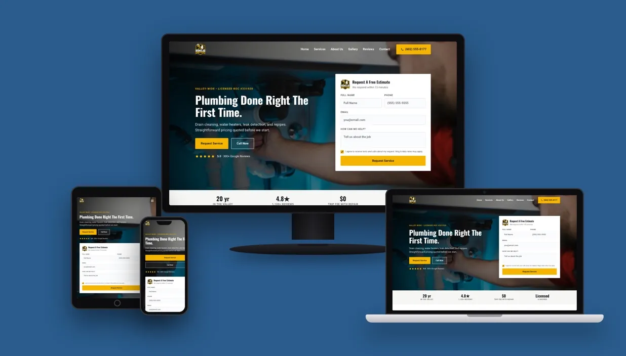 Ironclad Plumbing website shown on desktop, laptop, tablet, and phone