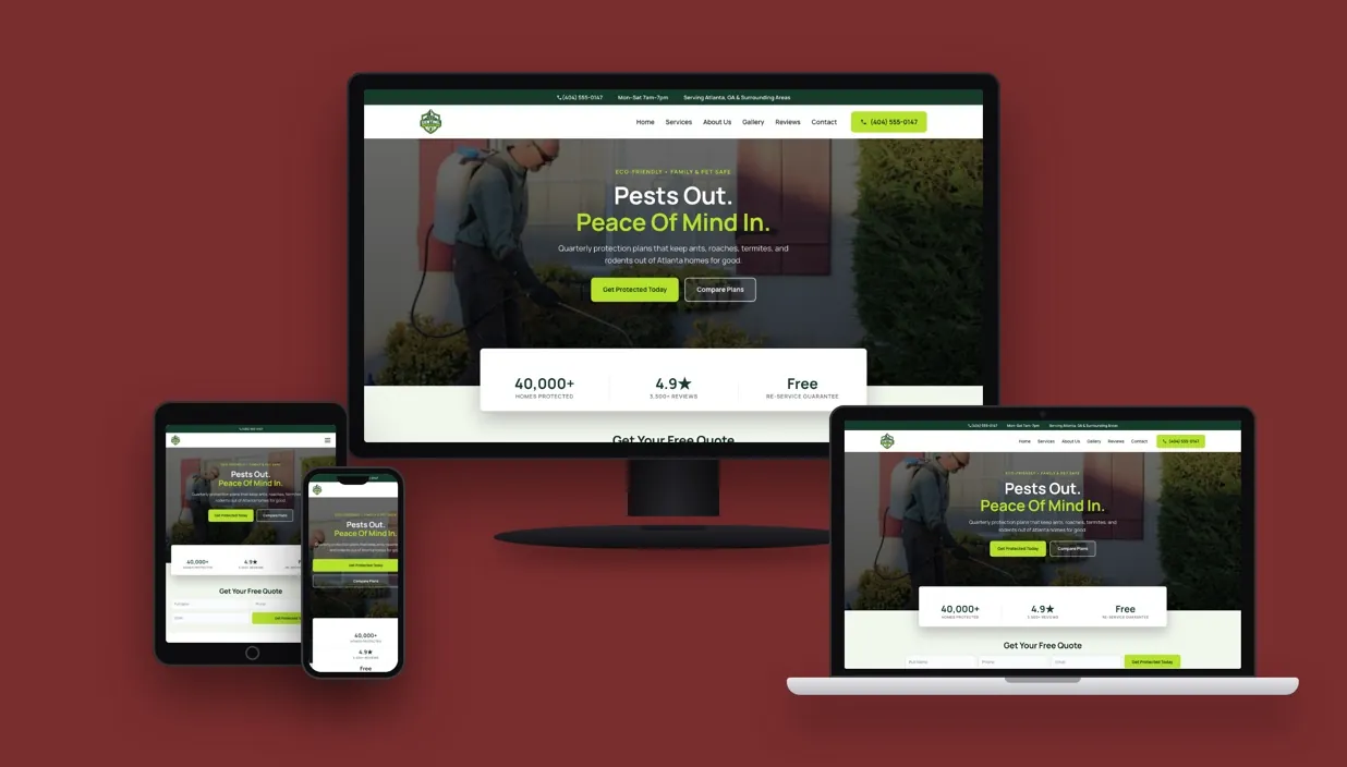 Sentinel Pest Control website shown on desktop, laptop, tablet, and phone