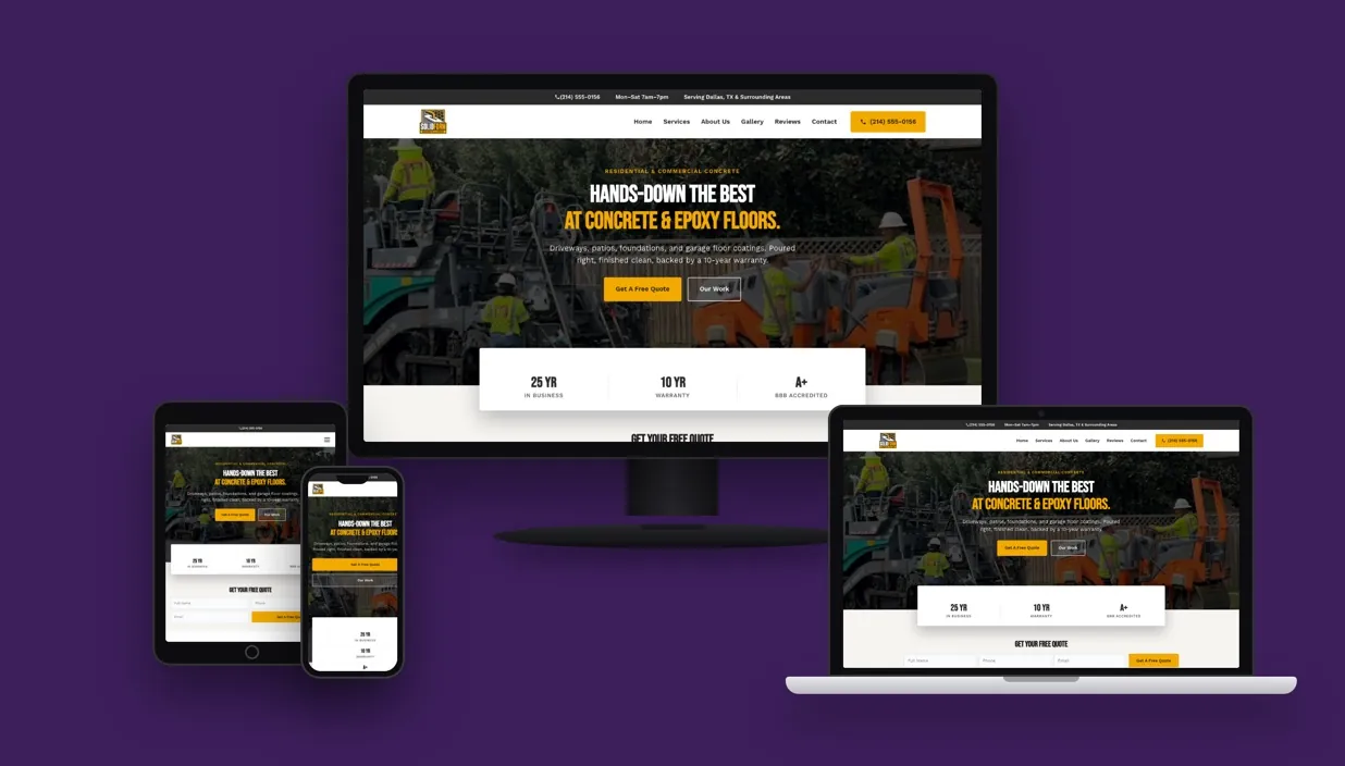 SolidForm Concrete & Epoxy website shown on desktop, laptop, tablet, and phone