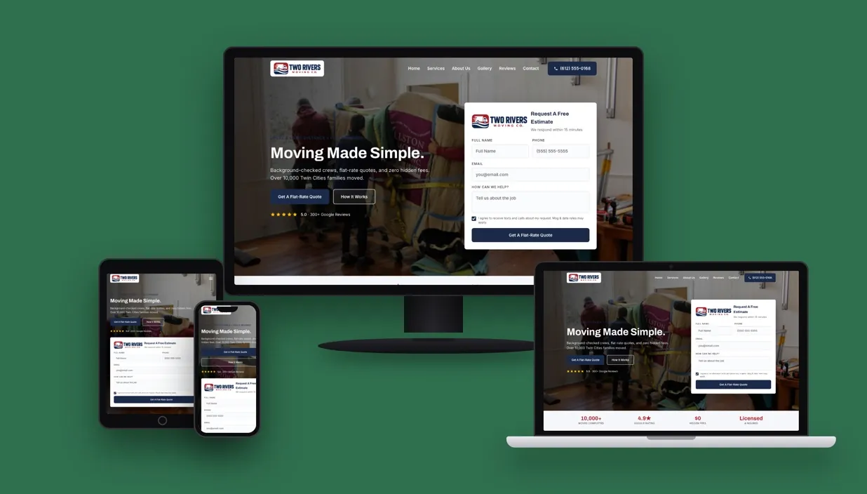 Two Rivers Moving Co. website shown on desktop, laptop, tablet, and phone