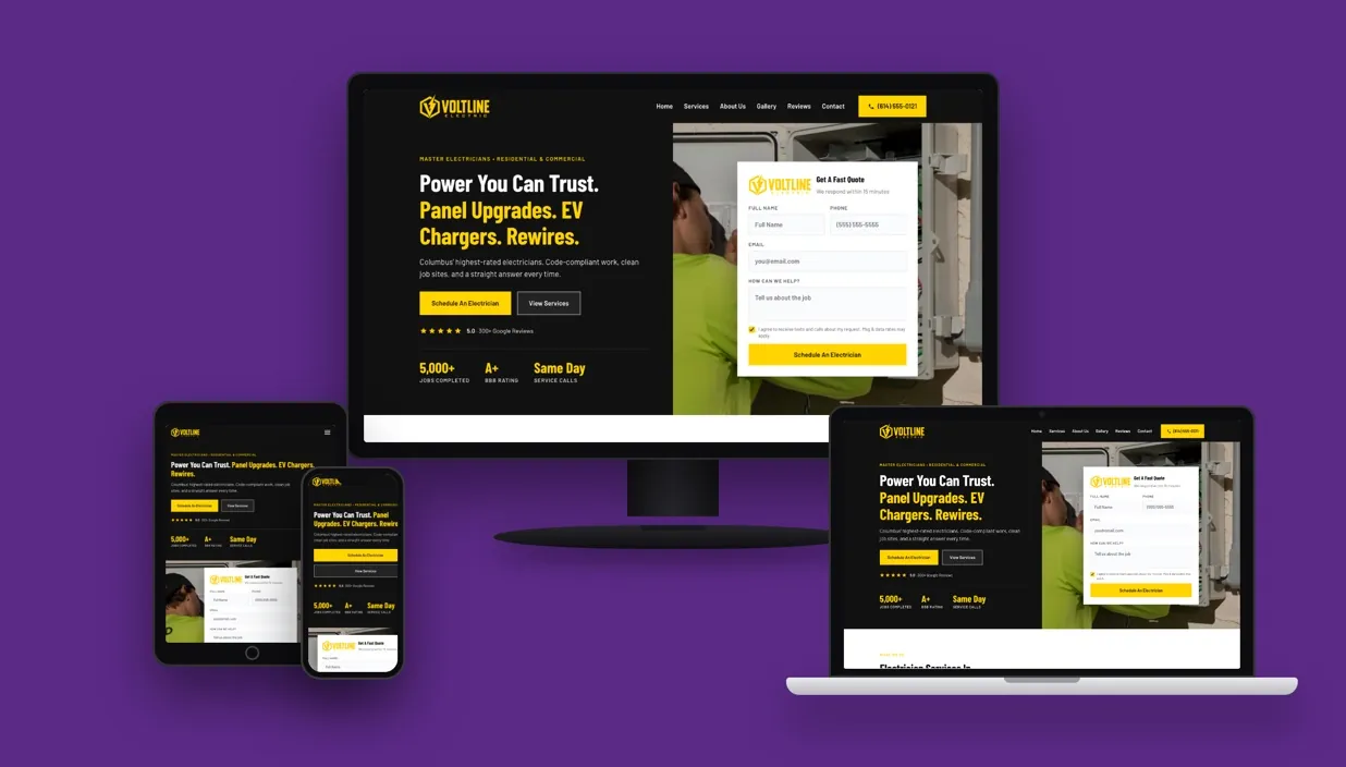 Voltline Electric website shown on desktop, laptop, tablet, and phone